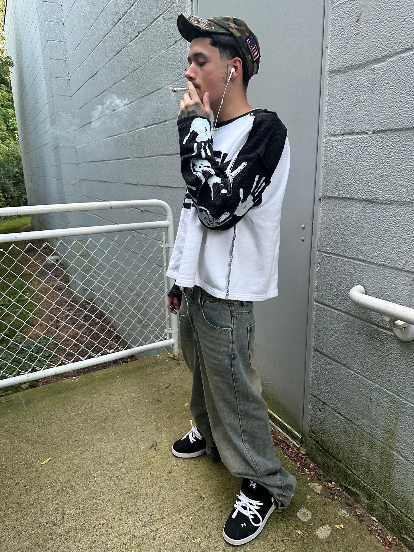 Distressed thermal sleeved tee