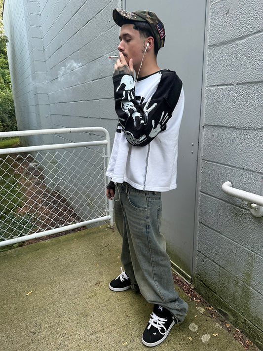 Distressed thermal sleeved tee